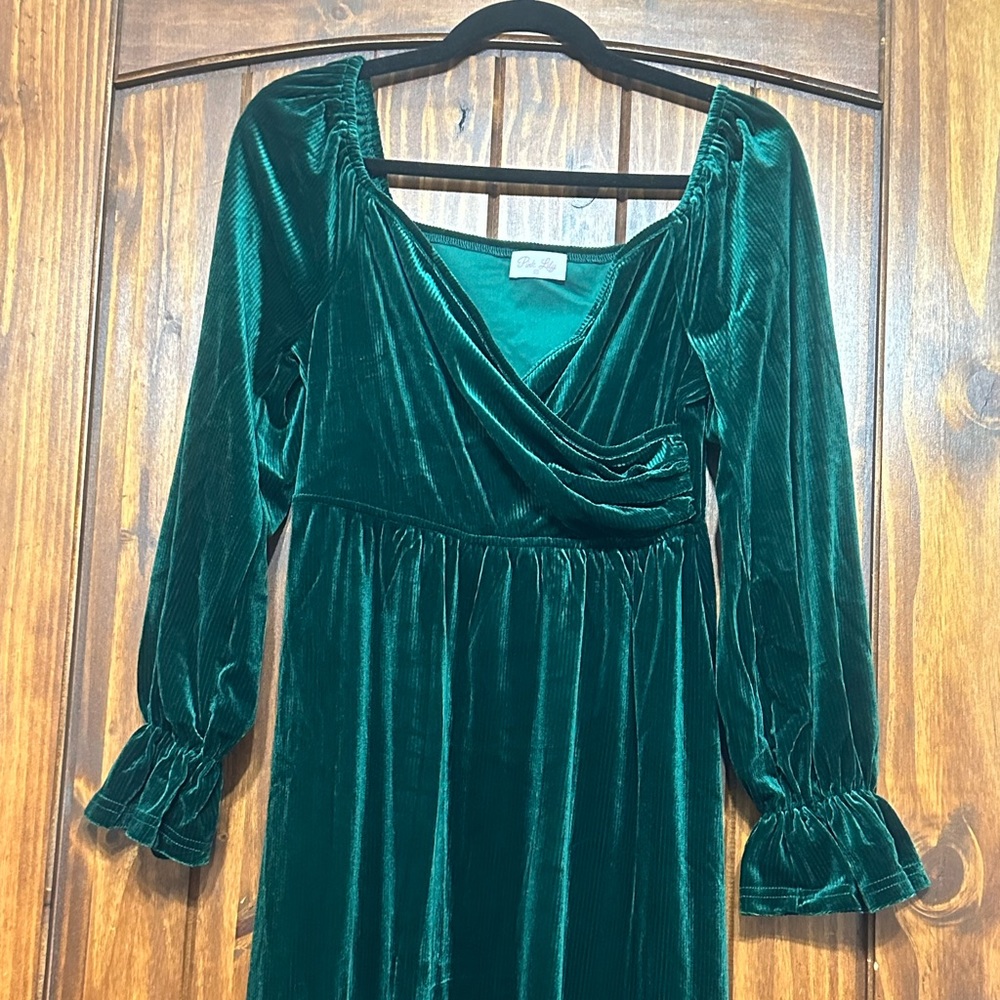 Green velvet maxi dress. NWOT. Never worn, was too long for me.